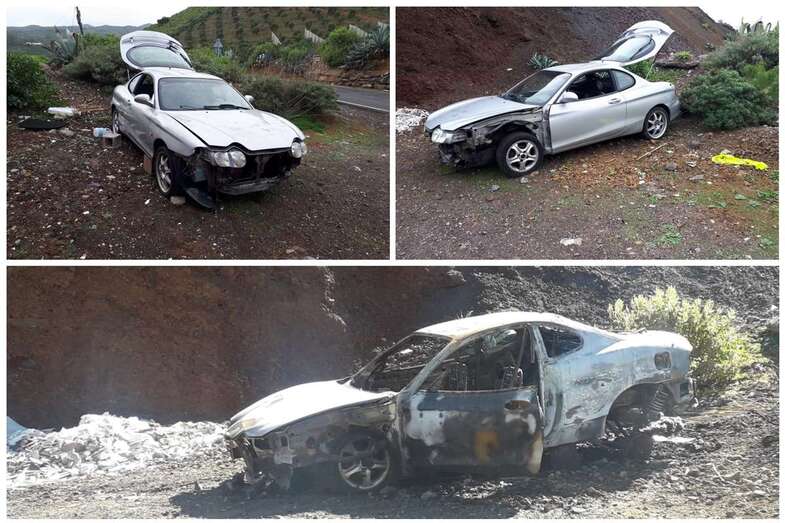 Imágenes del coche desvalijado antes de ser quemado y después de incendiado (Foto TA)